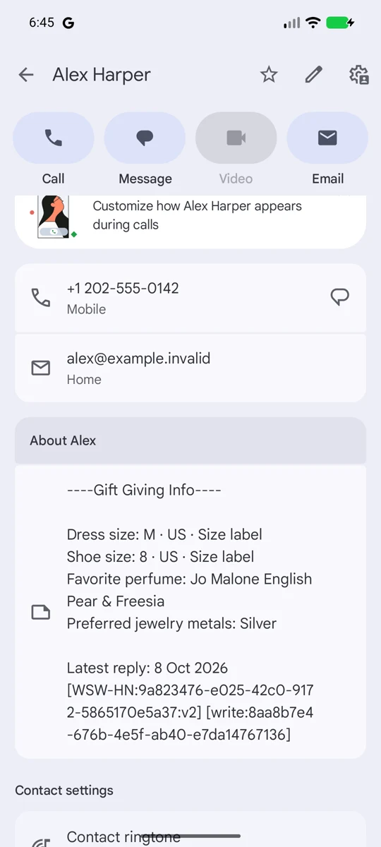 Fictional gift preferences saved in the Notes section of an Android contact, including sizes and favorite scents.
